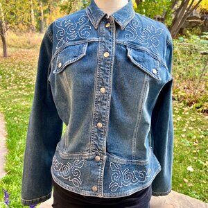 Roper  Blue Denim Jacket with Embroidery Embellishments, Front and Back, Medium